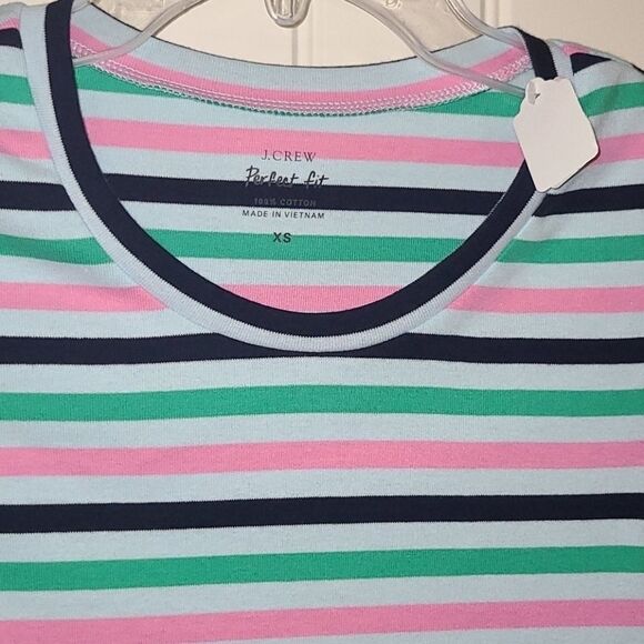 J.CREW NWT Perfect Fit Tee Knit Shirt Pink Stripe Colorful Fitted Long Top - Picture 3 of 3